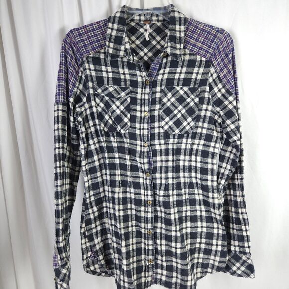 FREE PEOPLE Womens Small Plaid Flannel Catch Up with Me Cotton Button Down Shirt - Picture 1 of 7